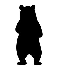 Black silhouette. Grizzly bear. North America animal, brown bear. Cartoon animal design. Flat vector illustration isolated on white background. Bear stand on two legs, back view