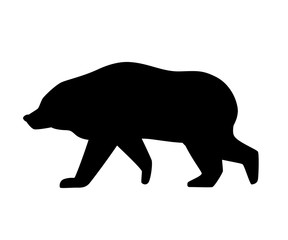 Black silhouette. Grizzly bear. North America animal, brown bear. Cartoon animal design. Flat vector illustration isolated on white background. Bear walking, side view