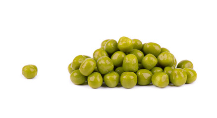 Green peas, isolated on white background. Pickled peas. Canned green peas.