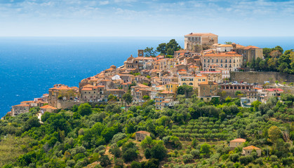 Panoramic view of Castellabate with the sea in the background. Cilento, Campania, southern Italy.
