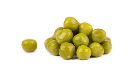 Green peas, isolated on white background. Pickled peas. Canned green peas.