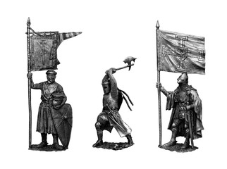 Tin soldiers  medieval knights. Set of 3 knights. Knight with banner.