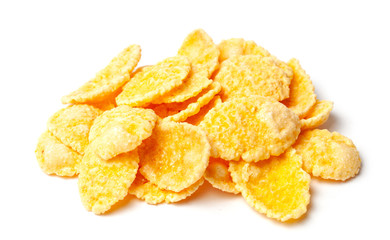 Cornflakes dry breakfast. Yellow flakes bunch isolated on white background