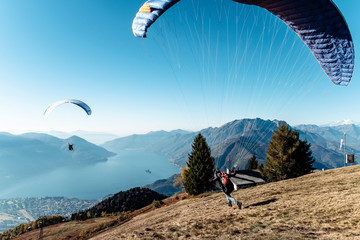 Switzerland, Ticino, Locarno, Ascona, Lake Maggiore, Paragliders