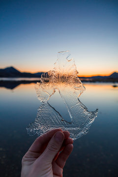 Norway, Lofoten Islands, man's hand holding thin ice