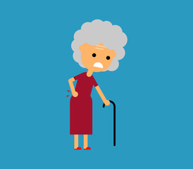 old woman suffering from back pain Isolated on blue background. Vector Illustration.