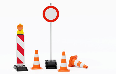 Baustelle Absperrung - Warnbake einzeln mit Leuchte, Fußplatte, Verkehrshütchen und Schild Durchfahrt verboten auf Pfosten - freigestellt