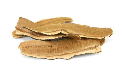 Dried lingzhi mushroom (Also called as Reishi mushroom in Japan, Lingcheu in Thailand, Lingzhi mushroom in China, Ganoderma Lucidum Karst or lacquered mushroom) on white.