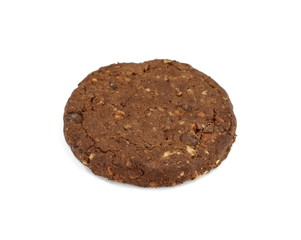 Round chocolate whole wheat biscuit, cookie with raisins isolated on white background. Chocolate Biscuits with whole-wheat (wholemeal) flour isolated on white background 