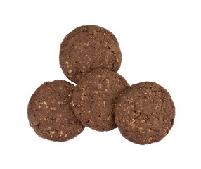 Round chocolate whole wheat biscuit, cookie with raisins isolated on white background. Chocolate Biscuits with whole-wheat (wholemeal) flour isolated on white background 