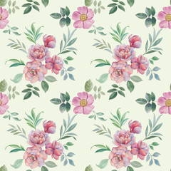 Seamless watercolor flowers pattern. Hand painted peony flowers. Flowers and leaves for design. Seamless floral pattern. Flower arrangement for design.