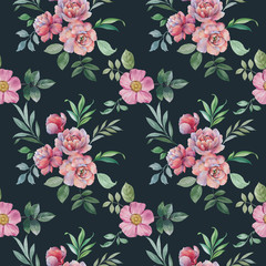 Watercolor hand paint pink peonies and leaves, seamless pattern. Flowers and leaves for design. Seamless floral pattern.