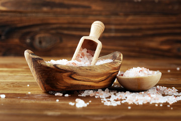 Natuaral cosmetics with pink himalayan spa salt. Sea bath salt for healthy spa relaxation