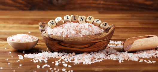 Natuaral cosmetics with pink himalayan spa salt. Sea bath salt for healthy spa relaxation
