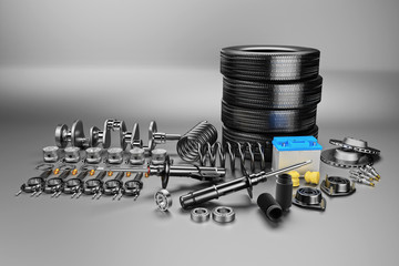 Auto parts spare parts car on the grey background. Set with many new items for shop or aftermarket. Auto parts for car. 3D rendering