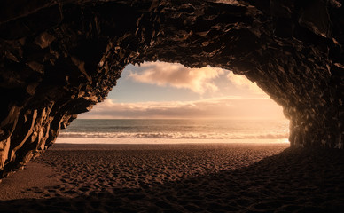 Landscape of Sea cave at Reynisfjara Beach, Iceland