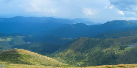 Fototapeta na wymiar Panoramic view from Hoverla, Carpathian mountains, Ukraine. Horizontal outdoors shot