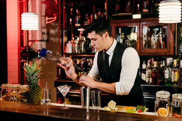 Young elegant barman working behind a bar counter mixing drinks with fruits