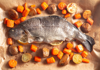 A Whole Baked Rainbow Trout with Roasted Root Vegetables