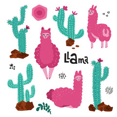 Cute llama set for design. Tree alpacas.with many Cacti plant Childish print for cards and nursery decoration.Vector Illustration of flat hand drawn cactus on white background.Front, back, side views.