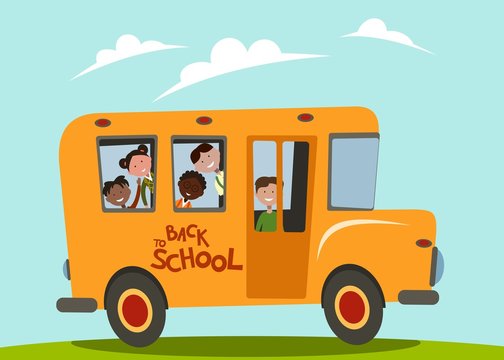 schoolchildren of different sexes and different races ride the school bus
