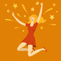 Happy girl jumping with sparks around him