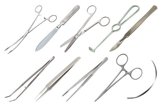 Set of surgical instruments. Different types of tweezers, scalpel, Liston s  amputation knife, clip with fastener, straight scissors, Folkmann s jagged  hook, Meyer s forceps, surgical needle. Vector Stock Vector | Adobe