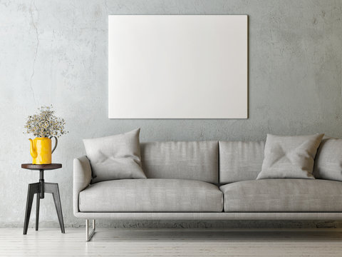 Mock up poster in minimalism concept Living room, Scandinavian, 3d render, 3d illustration