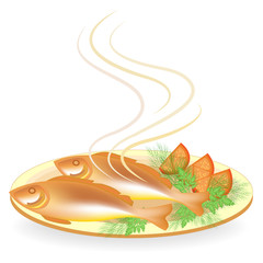 Two fried hot fish on a plate. Tasty and nutritious food. Next to a tomato, parsley and dill. Suitable for breakfast, lunch or dinner. Vector illustration