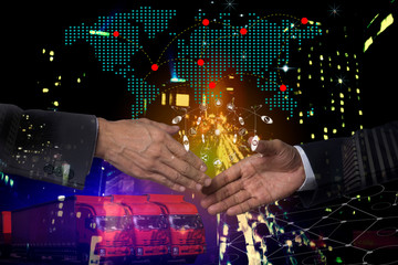 Business hand shake with digital interface