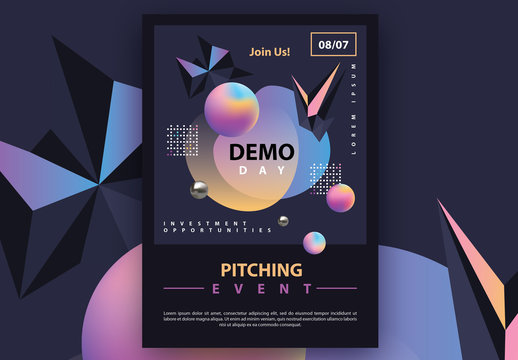 Dark Futuristic Flyer Layout with Colorful Gradient 3D Geometric Accents