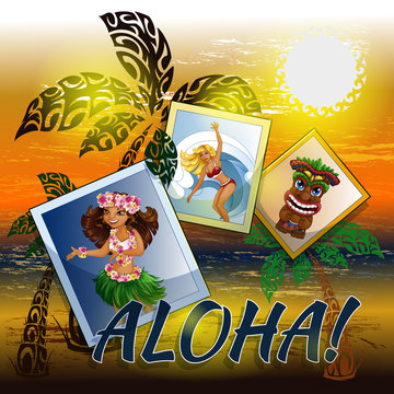 Vector background with evening Hawaiian scenery and three frames with images of Hawaiian dancer Hulu, surfer and totem tiki. Palms, the sea, the sun in the form of traditional patterns.