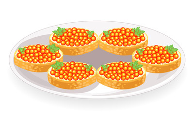 Beautiful sandwiches. White bread with butter and red caviar. Tasty and healthy product. Festive table decoration. Vector illustration