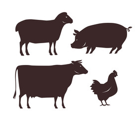 Farm animals set. Farming, silhouette vector illustration