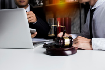 Lawyer working with laptop and interface icon