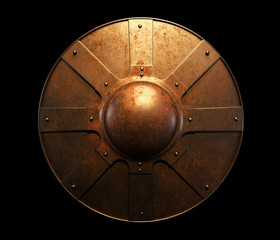 Ancient metal round shield with scratches and rust. - obrazy, fototapety, plakaty