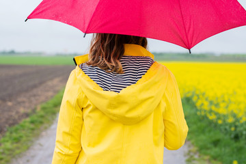 Frau spaziert mit Regenjacke und Regenschirm durch den Regen 