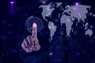 hand pushing a button on touch screen interface