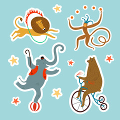 Circus animals stickers cartoon set