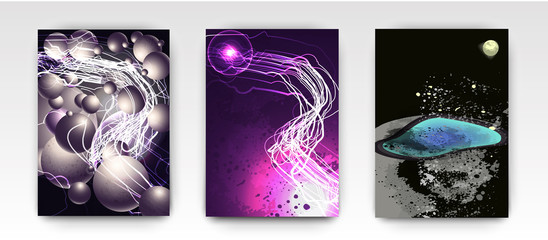 A set of 3 abstractions with cosmic theme, a planet and fashionable and stripes