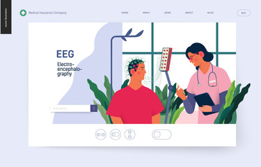 Naklejka na ściany i meble Medical tests template - EEG - electroencephalography - modern flat vector concept digital illustration of encephalography procedure - a patient with head electrodes and doctor in medical office