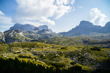 Breathtaking landscape scenic view of mountain range in Italian Dolomites. View of tourist popular Tre Time di Lavaredo hiking trail. Summer scenery. South Tyrol, Auronzo, Italy, Europe
