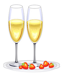 Two beautiful crystal glasses of champagne wine and red strawberries. Decoration of the festive table for the New Year, Christmas, Valentine s Day. Vector illustration