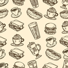 Vector hand drawn seamless pattern of latte, cappuccino, burger, hamburger, hotdog, frappe, espresso americano and americano in cup for take away in the engraving vintage style.