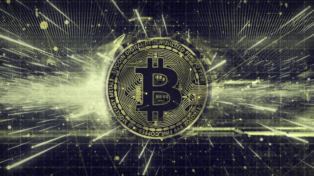 Bitcoin Logo animation with a light beam effect and a blue and yellow color grade