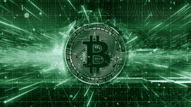 Bitcoin Logo animation with a light beam effect and a green color grade