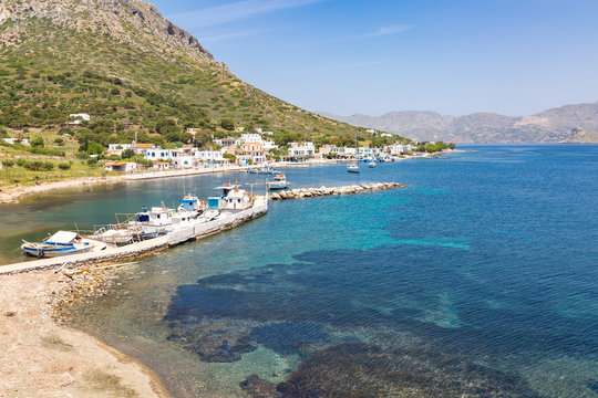 View on sea bay and old village on Talendos island, Grecee