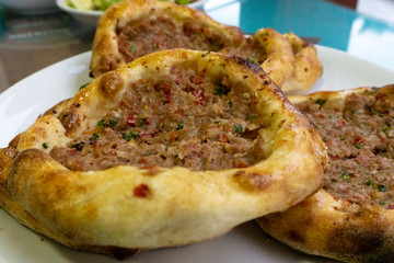 Traditional Turkish pide (pizza), delicious, mince,