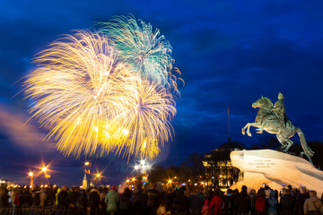 Salute during the All-Russian holiday of May 9, the day of victory over fascism. Victory salute near the historic monument to Peter 1 on the Senate Square in St. Petersburg in Russia.
