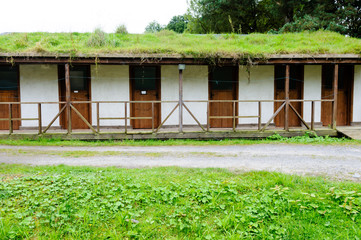 Fototapeta na wymiar Ecological environmentally friendly toilet block with grass roof